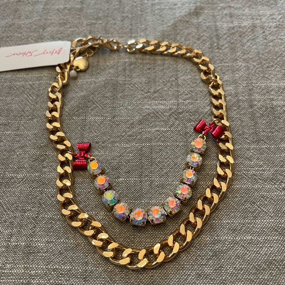Betsey Johnson Gold and Red Necklace with Bold Chain and bows.